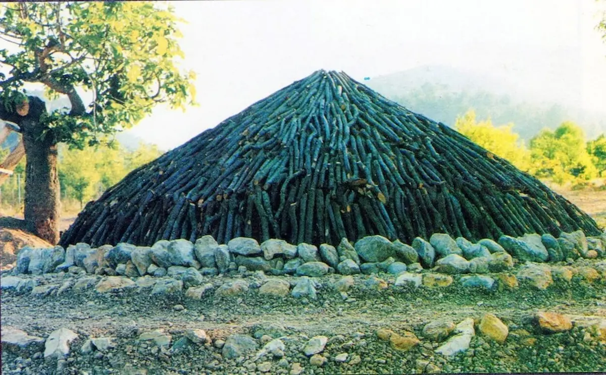 Troncs apilats formant l'estructura de la sitja